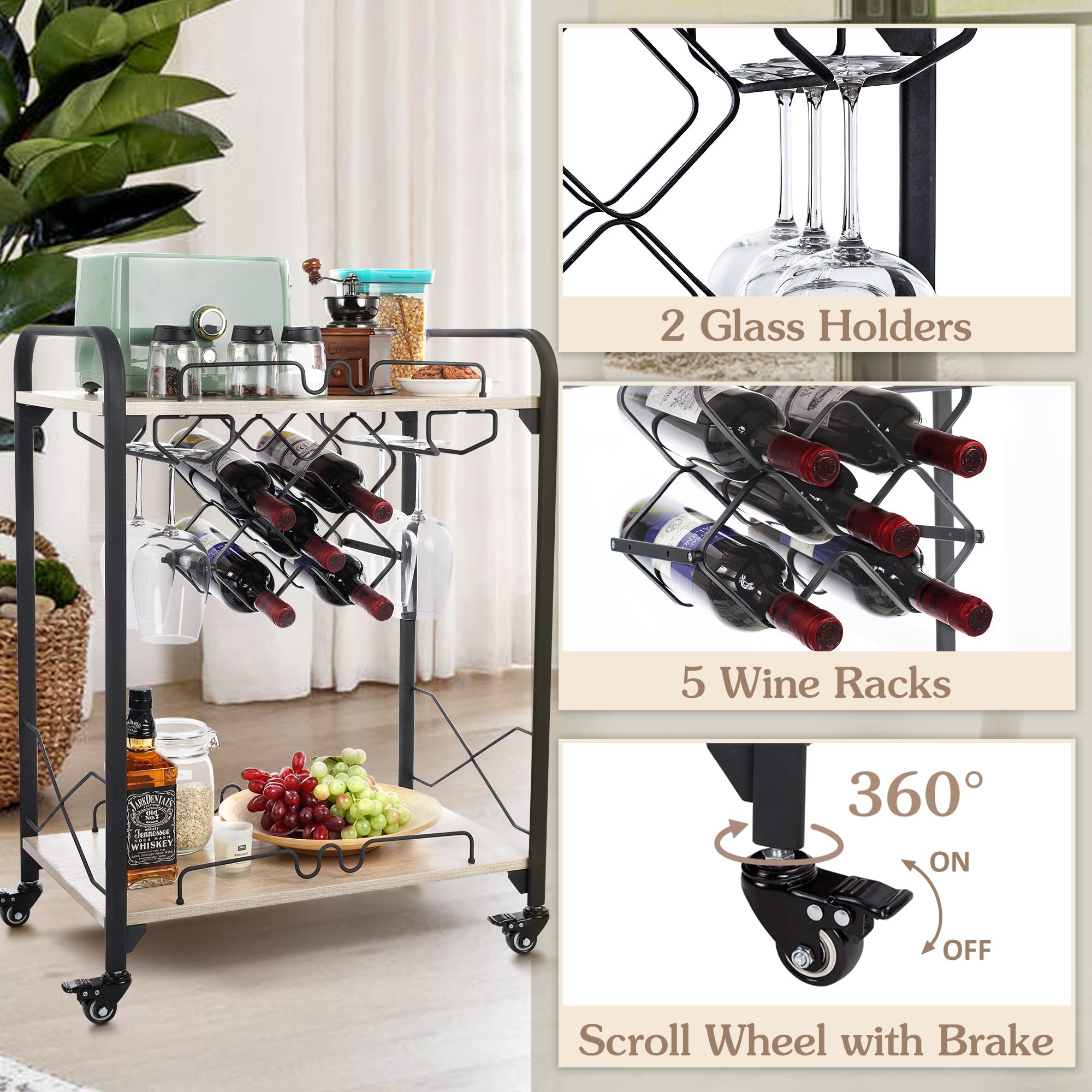 Metal Bar Cart With 2 Tiers, Black