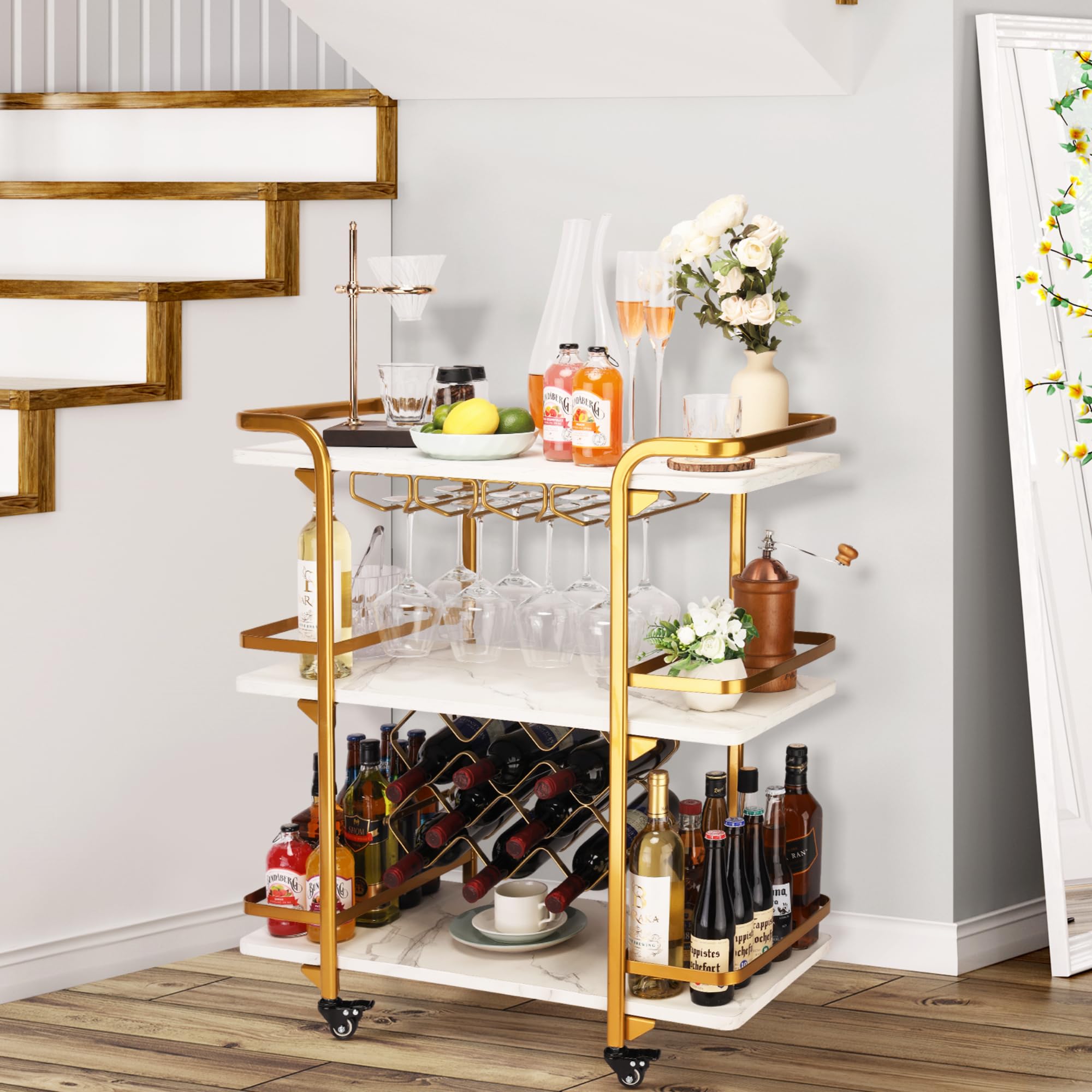 Metal Bar Cart with 3 Tiers, Gold