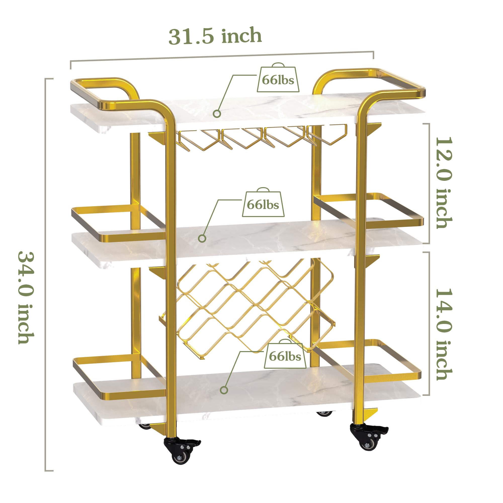 Metal Bar Cart with 3 Tiers, Gold