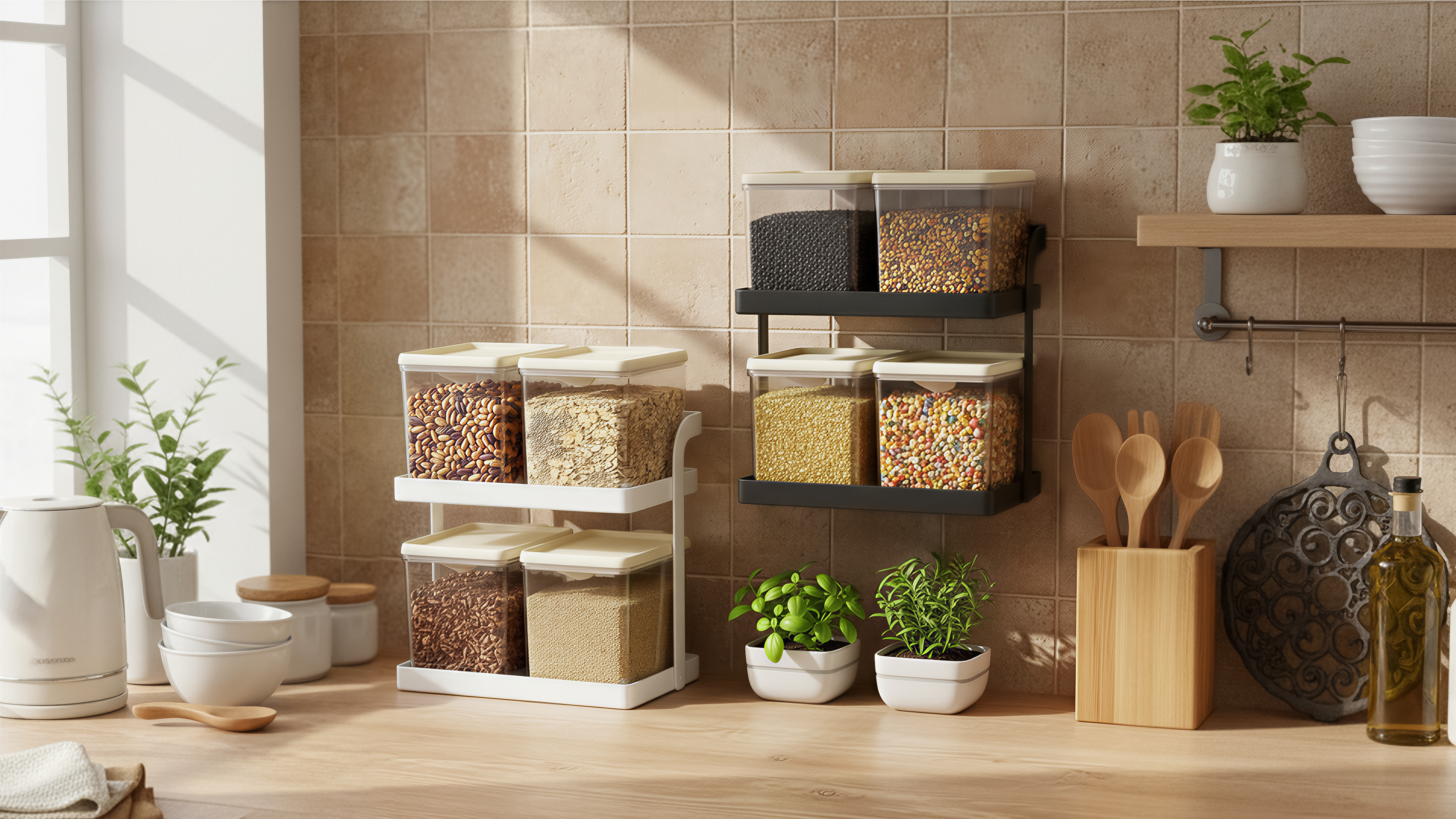 Desktop & Wall-Mounted Spice Rack /w Seasoning Box & Nail-free Slot/Adhesive 184*108*225mm