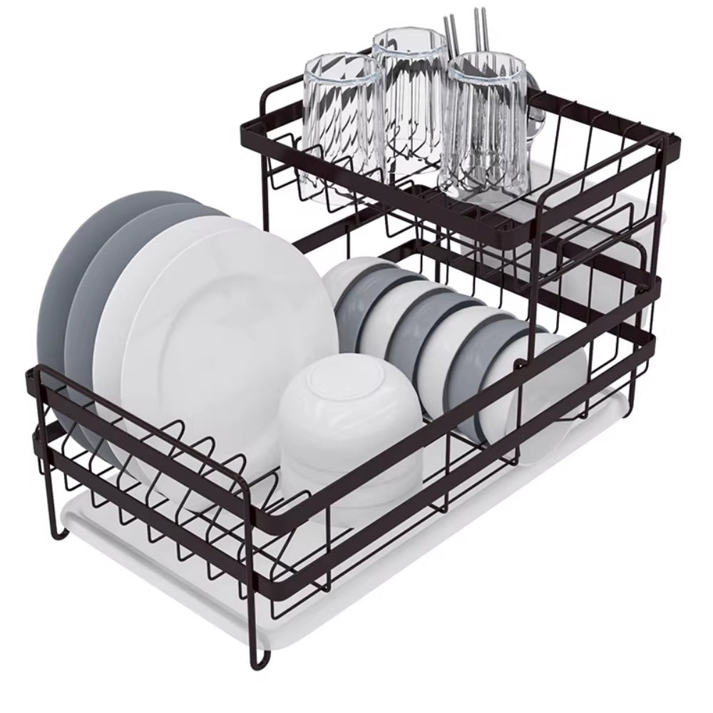 Double-Layer Dish Drying Rack /w PP tray & cutlery holder